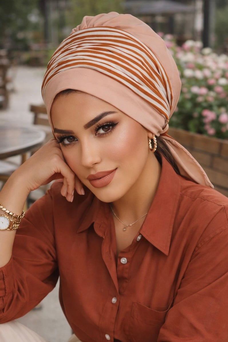 Bej Çizgi Desen Bantlı Bone