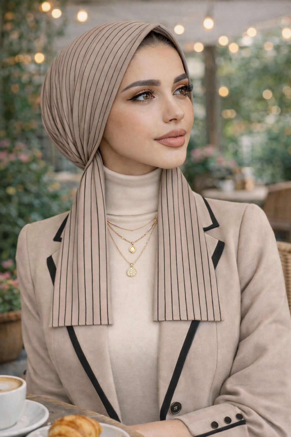 Bej Çizgili Eşarp Bone