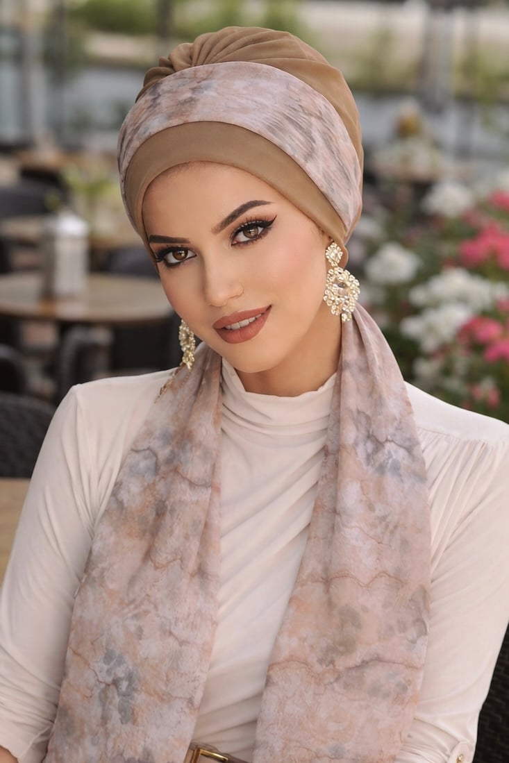 Bej Ebruli Desen Fularlı Bone