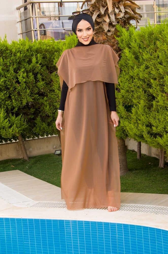 Bej Pelerinli Tesettür Pareo