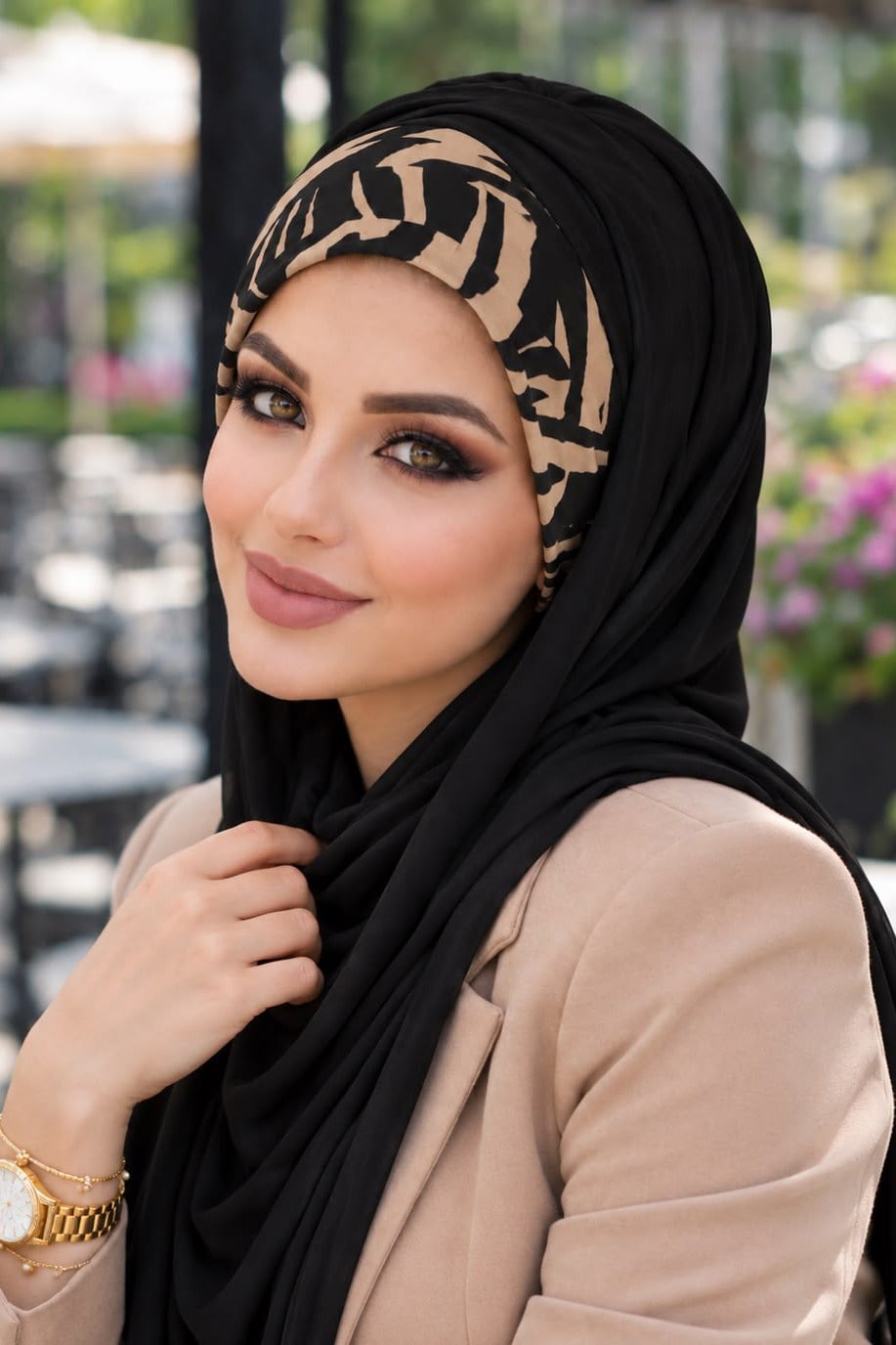 Bej Siyah Bandana Hazır Şal