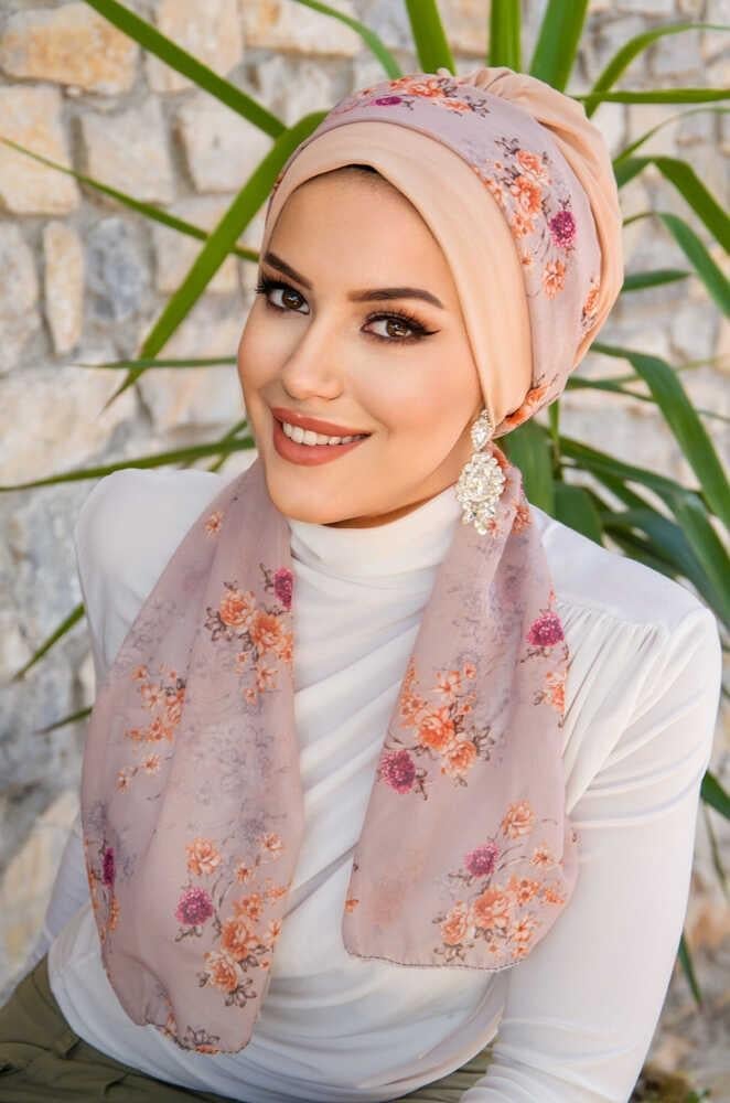 Bej Soft Çiçek Desenli Fularlı Bone