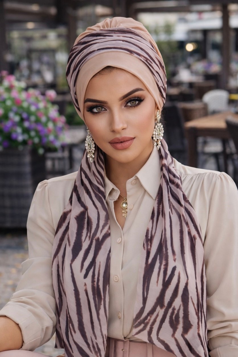 Bej Zebra Desen Fularlı Bone