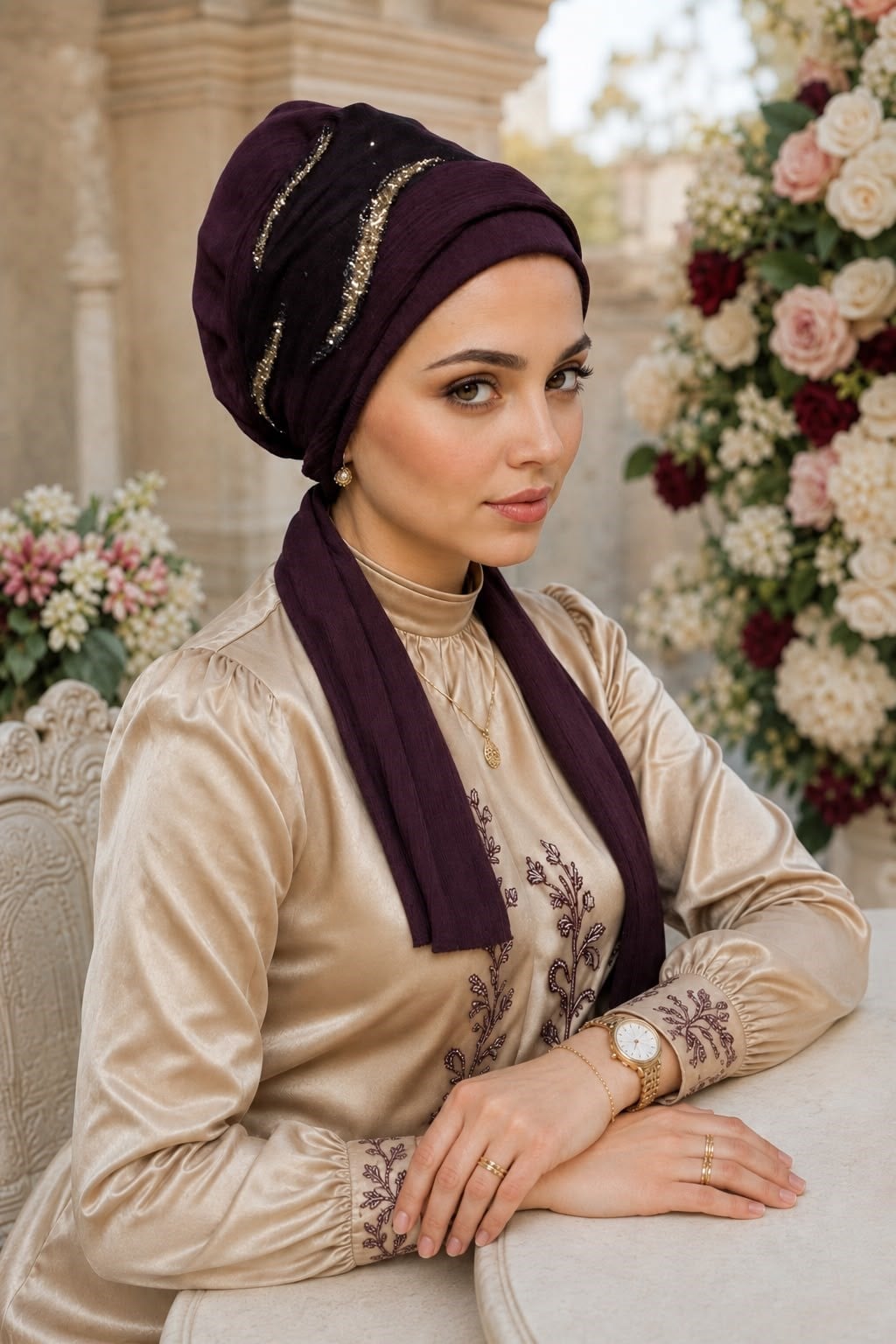 Beyaz Bordo  Nakışlı  Atkılı Abiye Bone - 60101