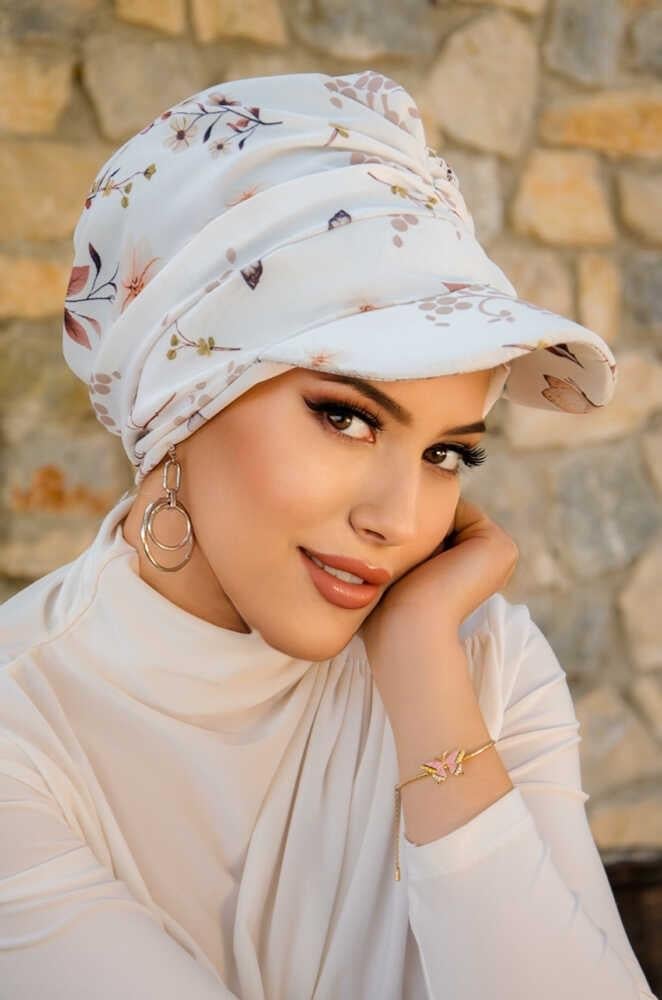 Beyaz Çiçek Desen Tesettür Şapka Bone