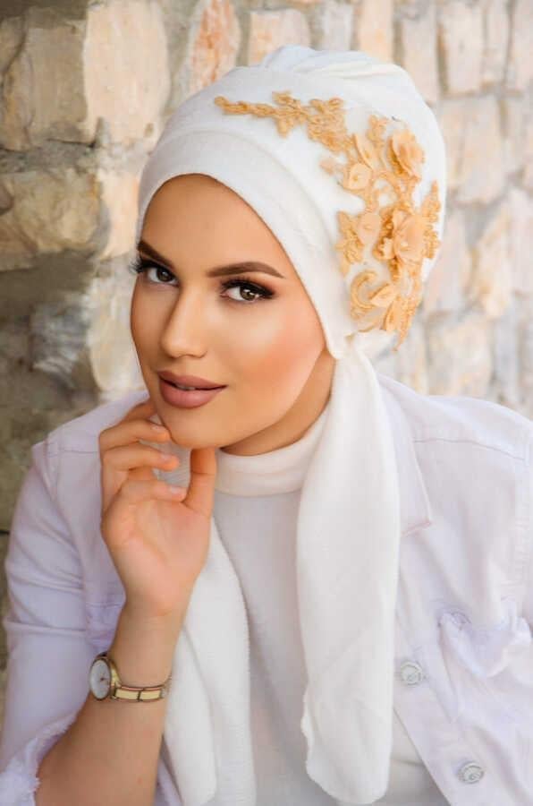 Beyaz Gold Nakışlı  Atkılı Abiye Bone - 60101