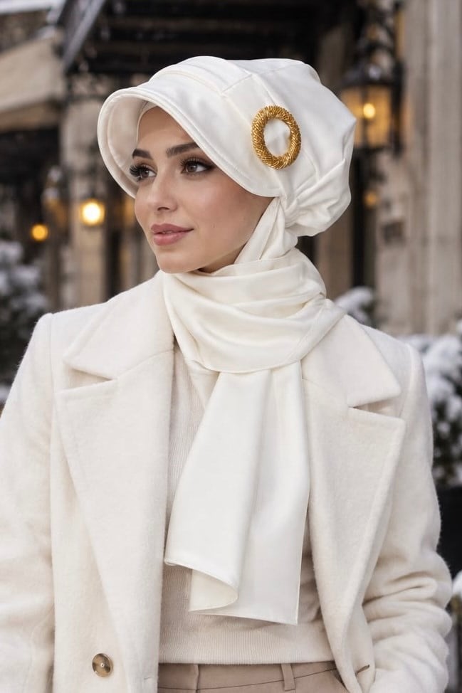 Beyaz Gold Tokalı Kışlık Tesettür Şapka