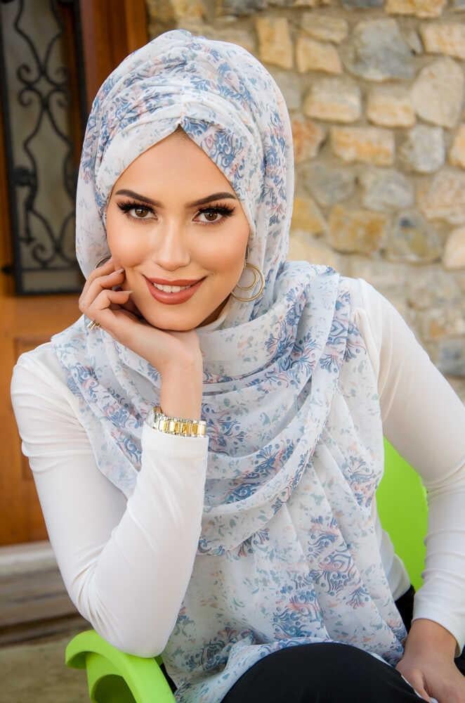 Beyaz Mavi Bahar Desen Hazır Şal