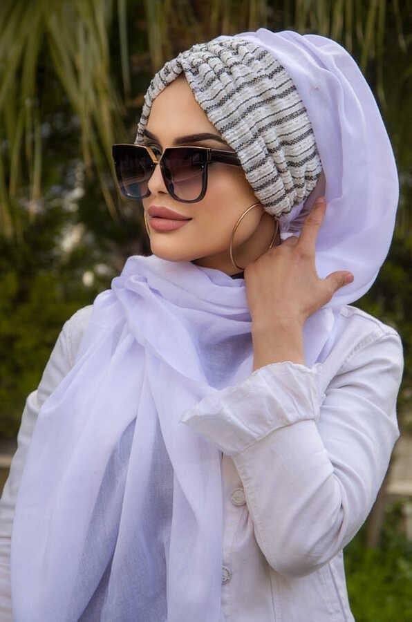 Beyaz Siyah Çizgi Desen Hazır Şal