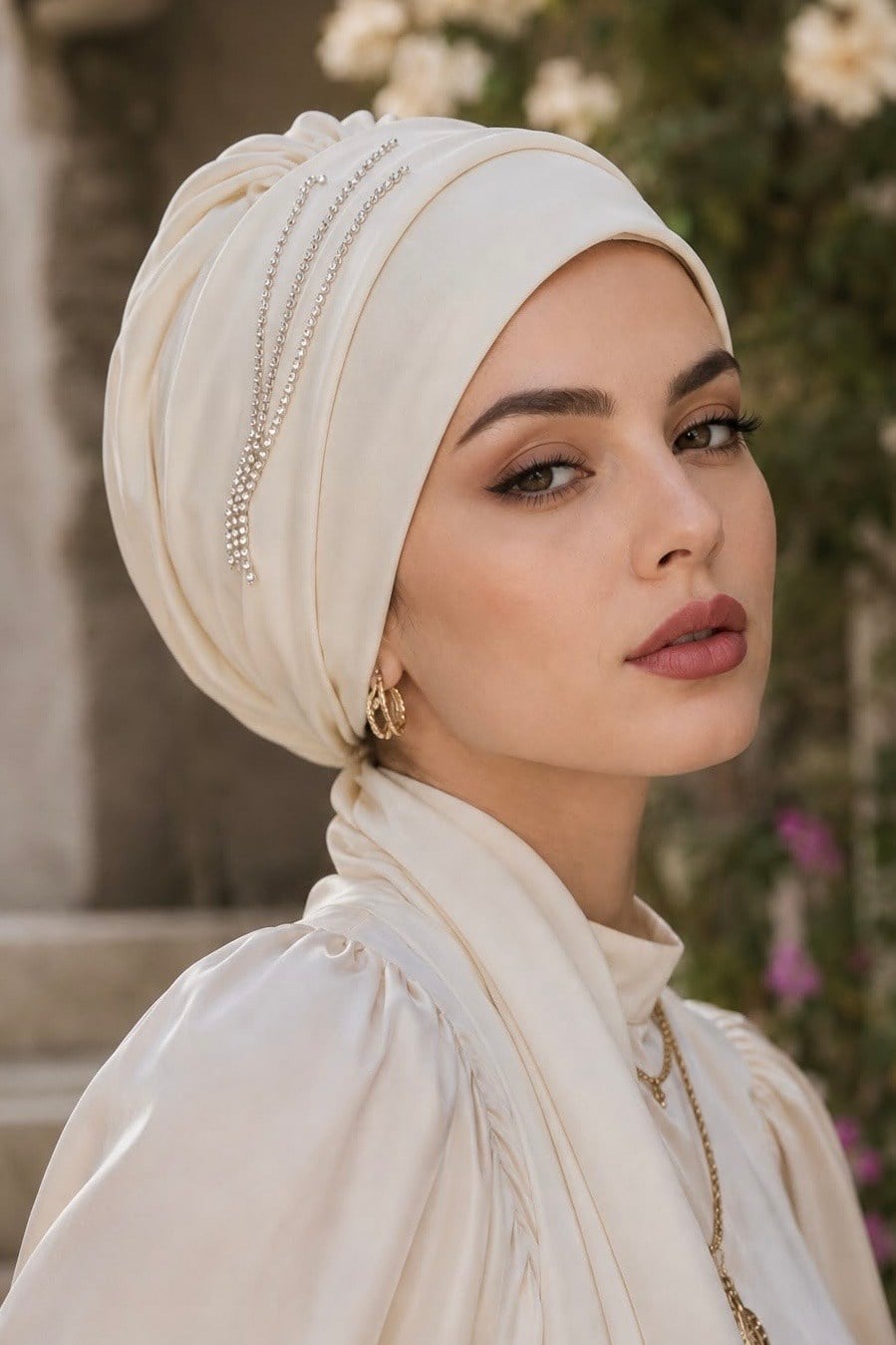 Beyaz Taşlı Atkılı Abiye Bone