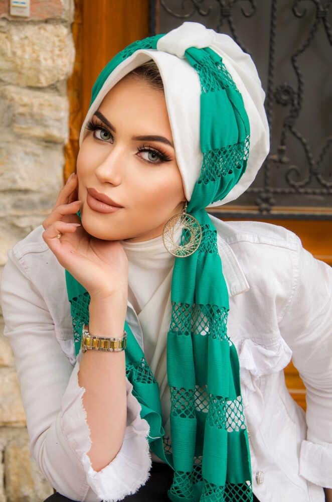 Beyaz Yeşil File Fularlı Şapka Bone