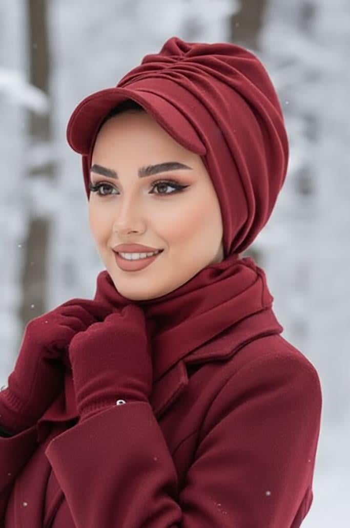 Bordo Büzgülü Tesettür Şapka Ve Etol Takım