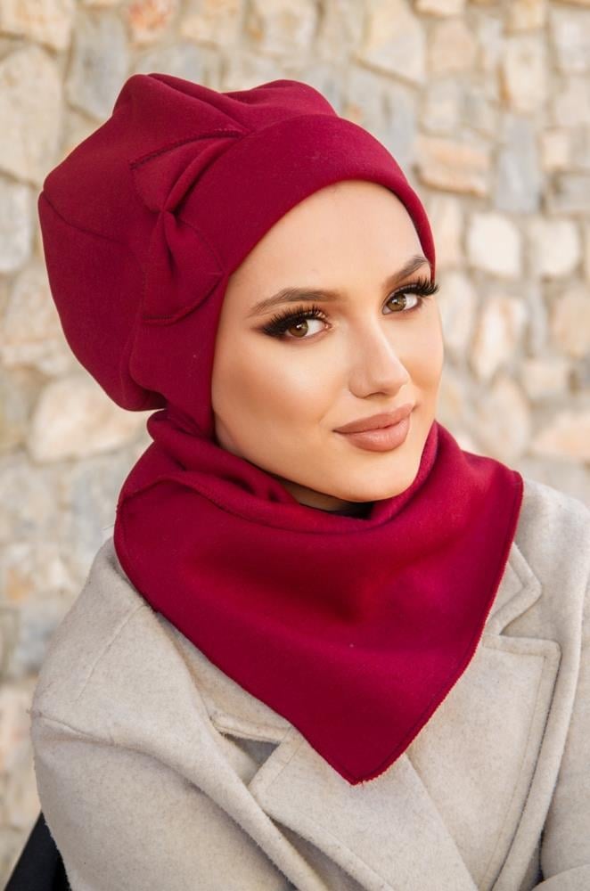 Bordo Fiyonklu Tesettür Bere Ve Etol Takım