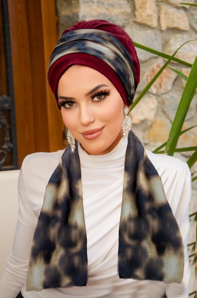 Bordo Kahve Batik Desen Fularlı Bone