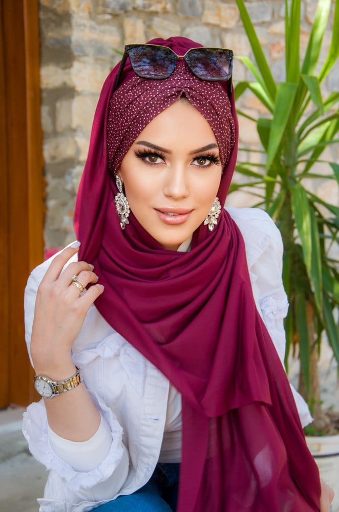 Bordo Puantiye Desen Hazır Şal