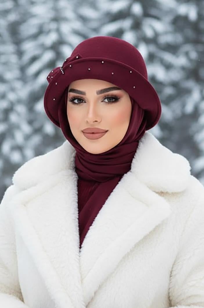 Bordo Taş Detay Vintage Şapka