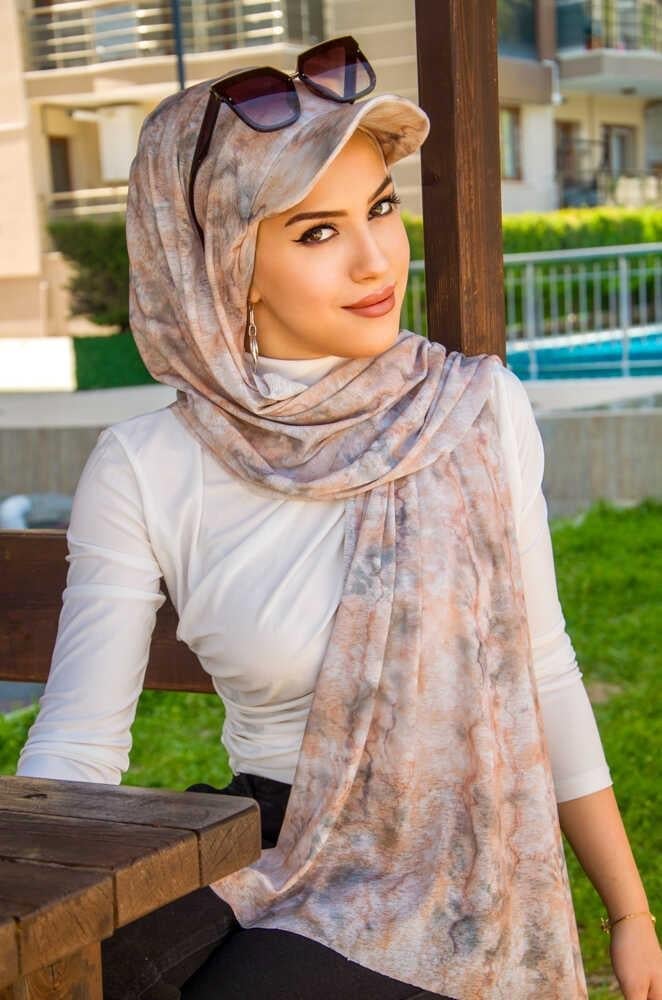 Ebruli Desen Kepli Bandana Şapka Şal