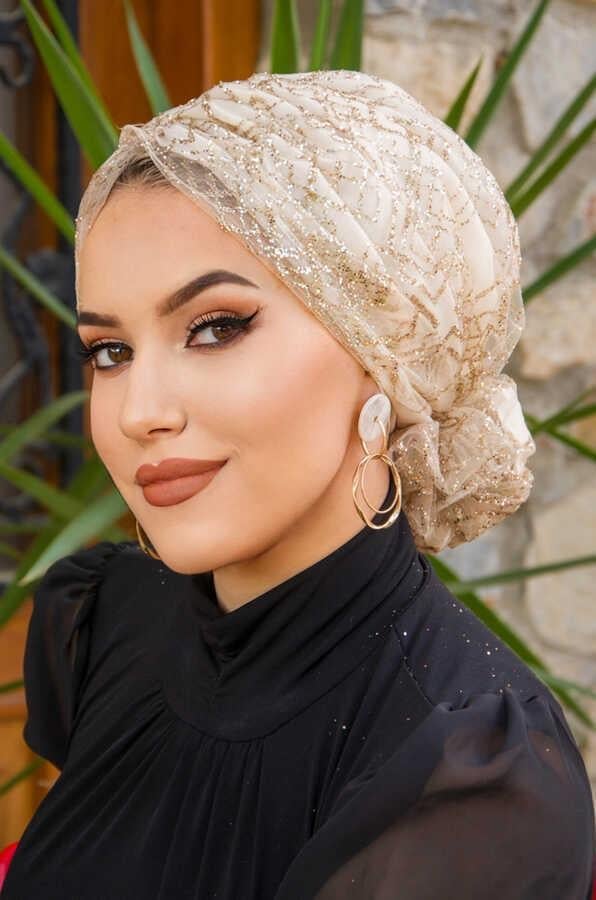 Ekru Dore Simli Abiye Tokalı Bone