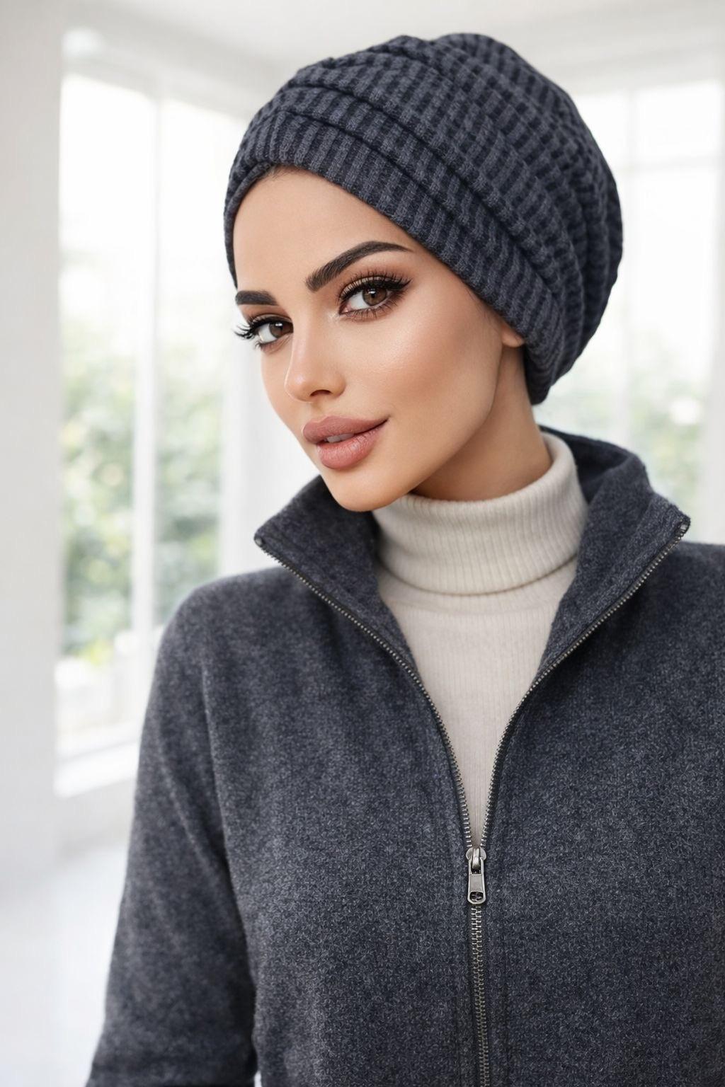 Füme Siyah Çizgili Büzgülü Salaş Bone