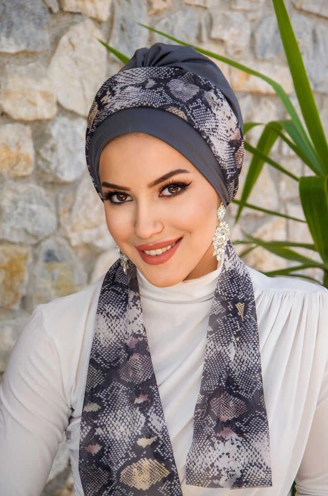 Füme Yılan Desen Fularlı Bone