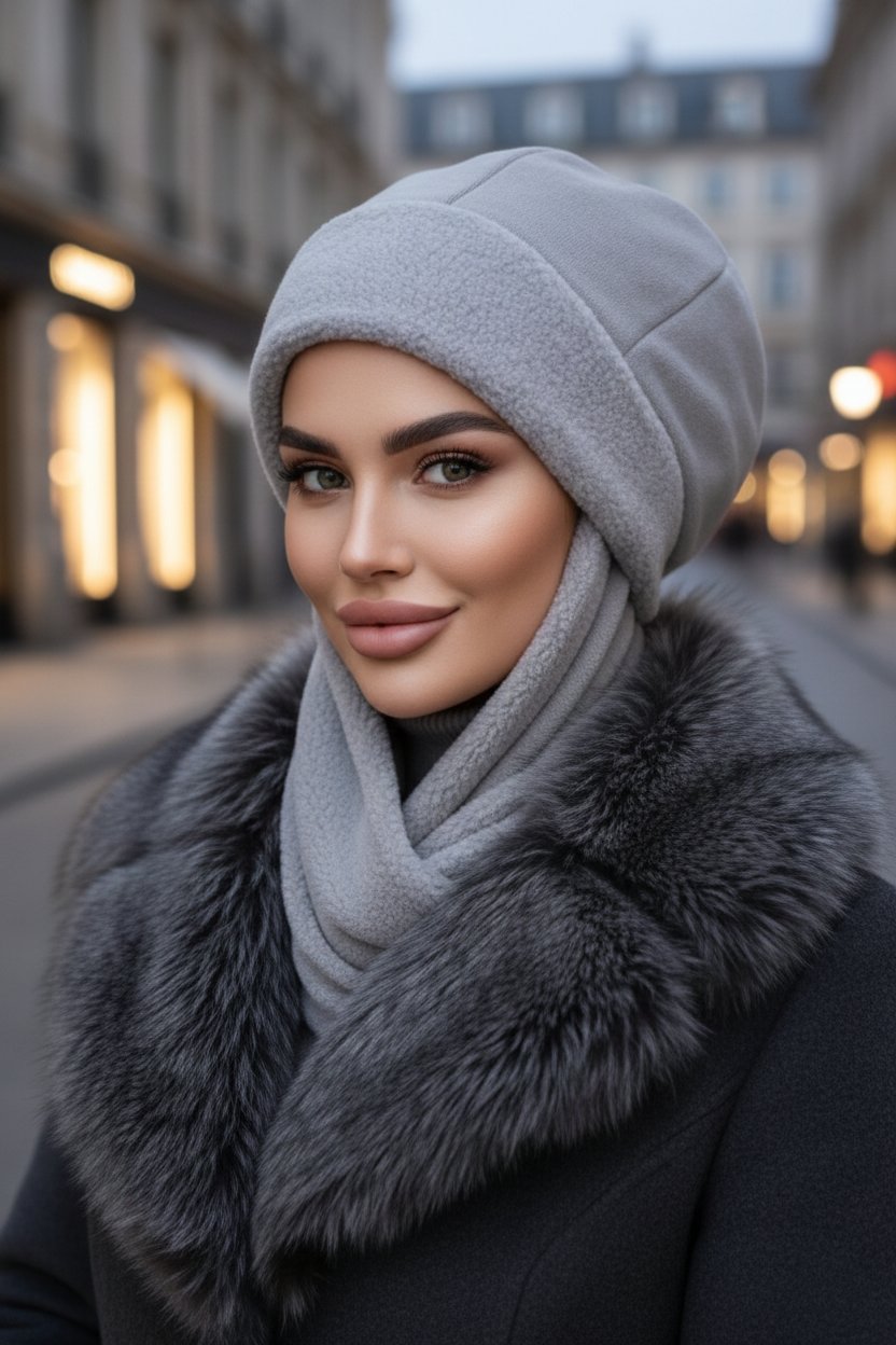 Gri Atkılı Bere Tesettür Bere / UZUN ATKILI