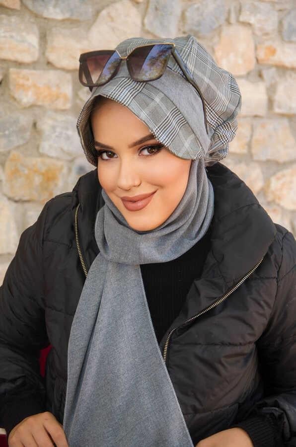 Gri Ekose Desen Tesettür Şapka