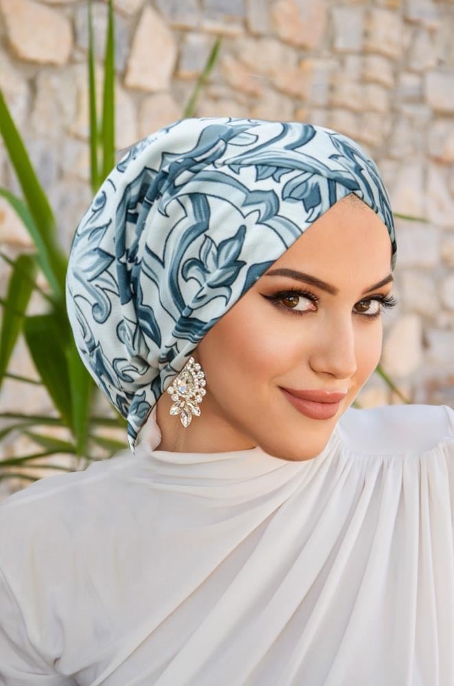 Gri Etnik Desenli Çapraz Bantlı Bone