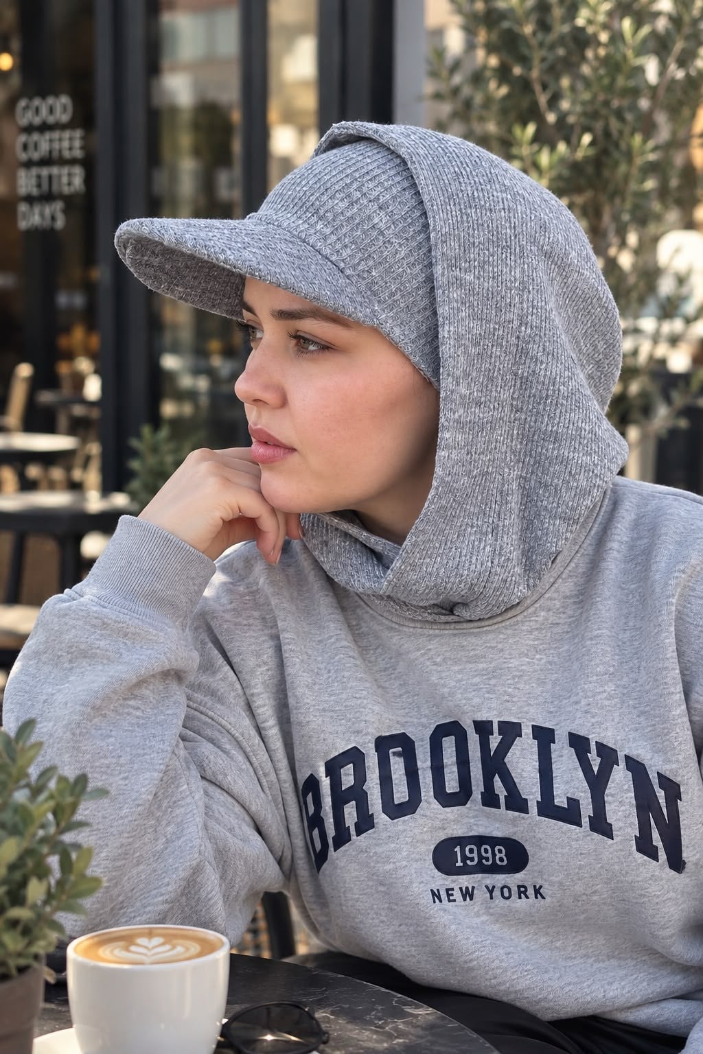 Gri Fitilli Kepli Bant Bone ve Kapüşon Takım