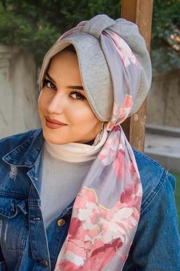 Gri Pudra Soft Dolgulu  Fularlı Şapka Bone