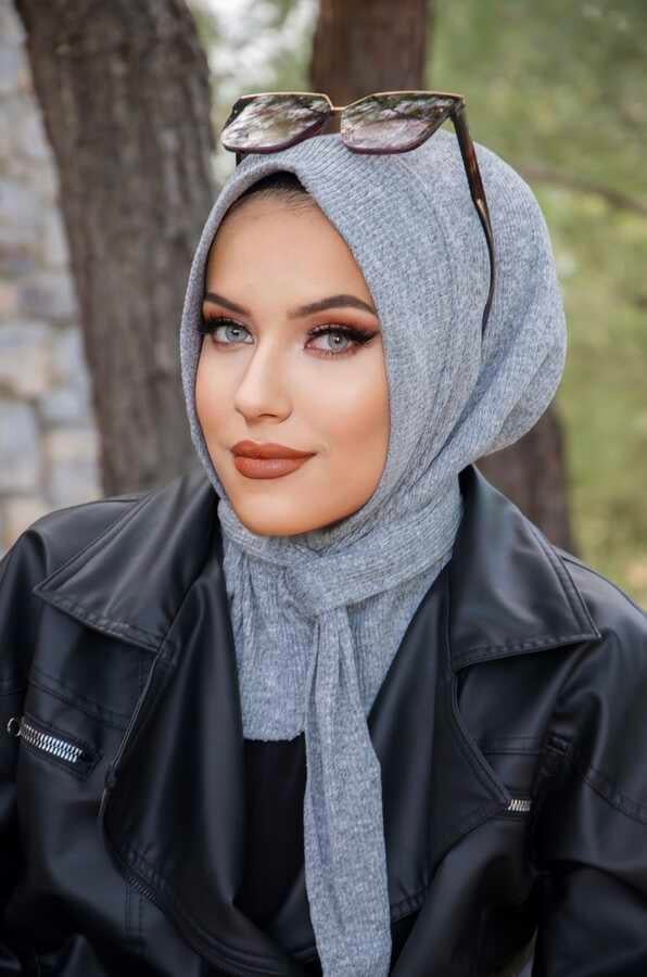 Gri Triko Kışlık Hazır Eşarp