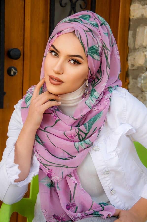 Gülkurusu Çiçek Desenli Hazır Şifon Şal