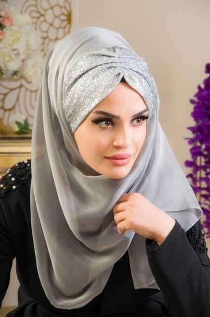 Gümüş Fransız Şifon Simli DOUBLE Abiye Şal