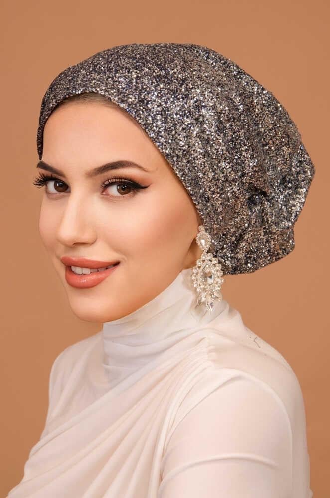 Gümüş Lacivert Simli Çağla Abiye Hazır Türban Bone