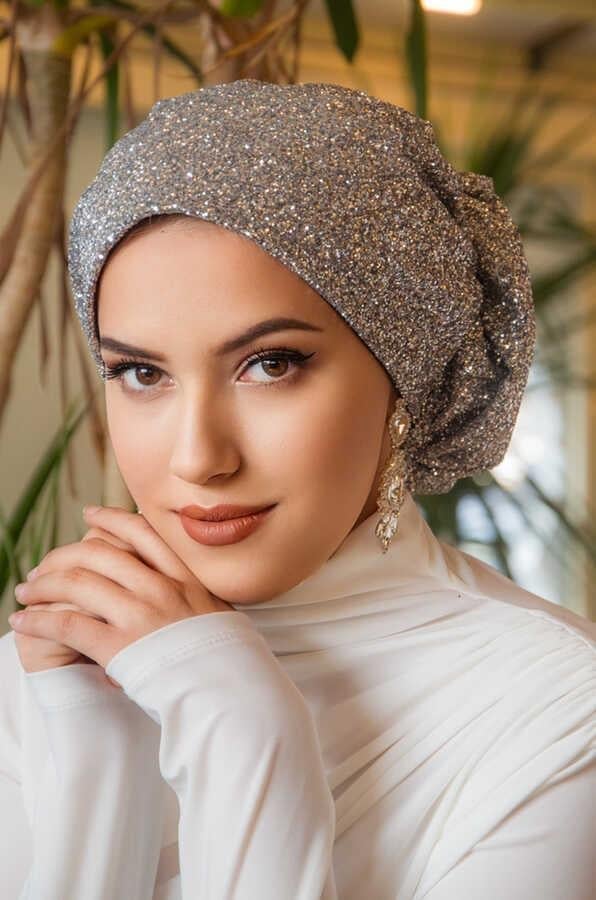 Gümüş Simli Çağla Abiye Hazır Türban