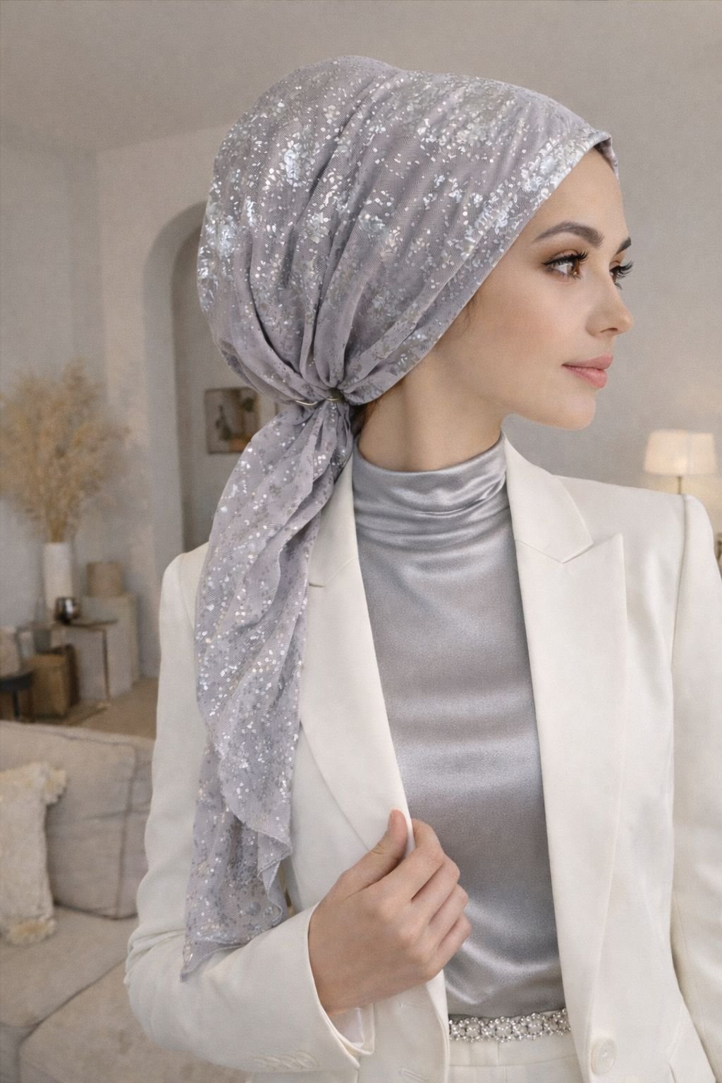 Gümüş Varaklı Eşarp Bone