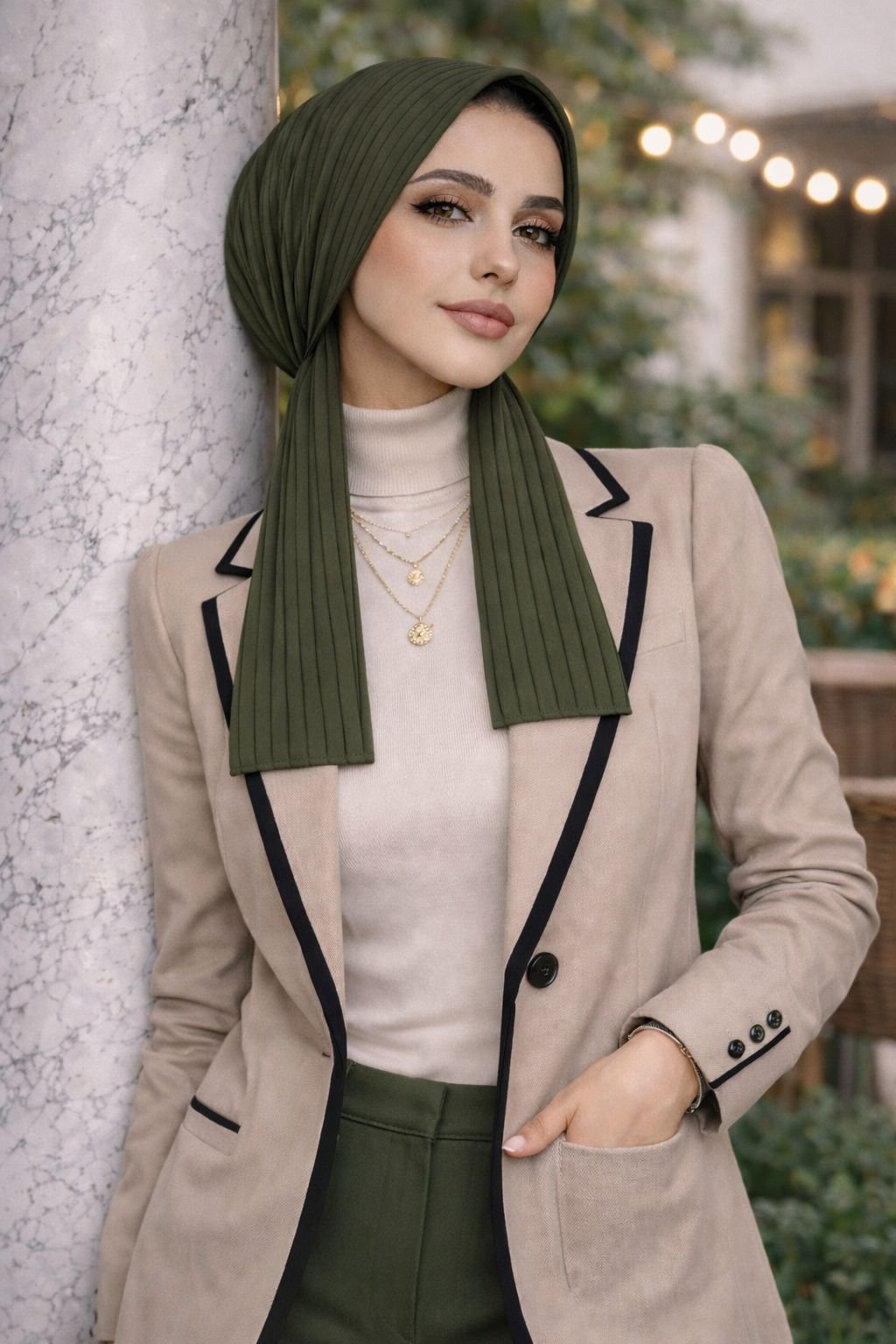 Haki Çizgili Eşarp Bone