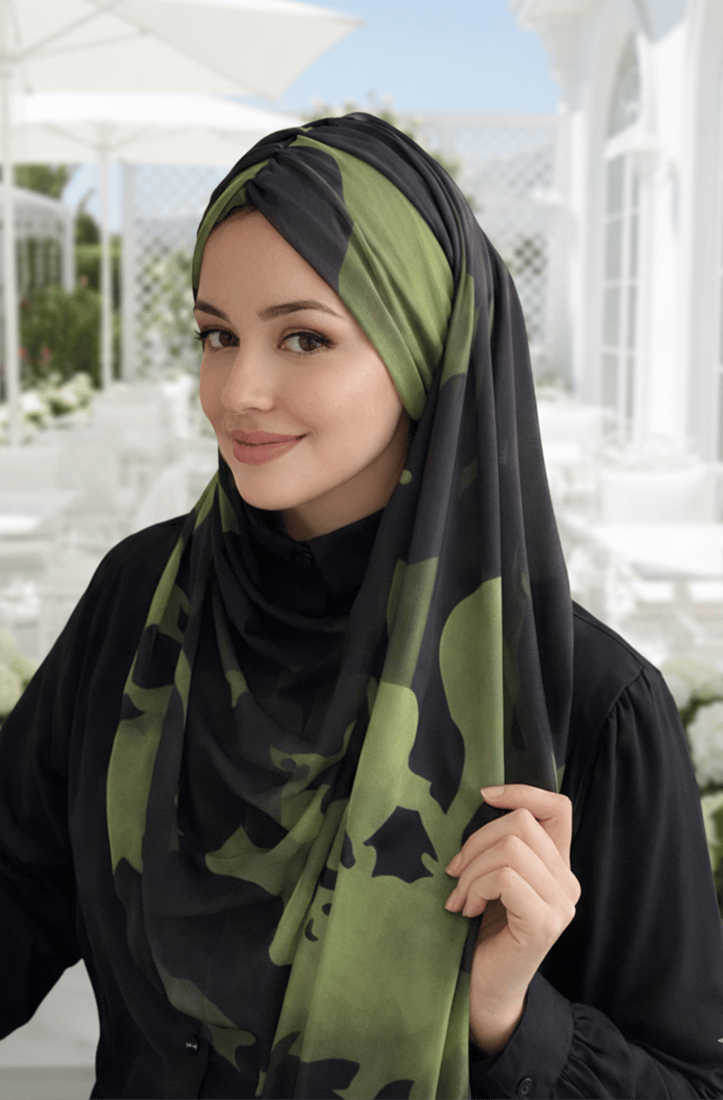 Haki Siyah Desenli Hazır Şal