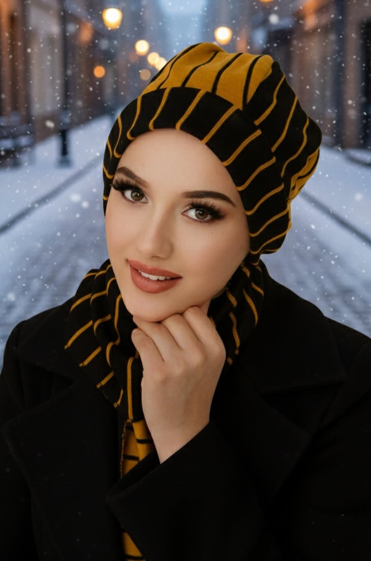 Hardal Siyah Çizgili Tesettür Bere