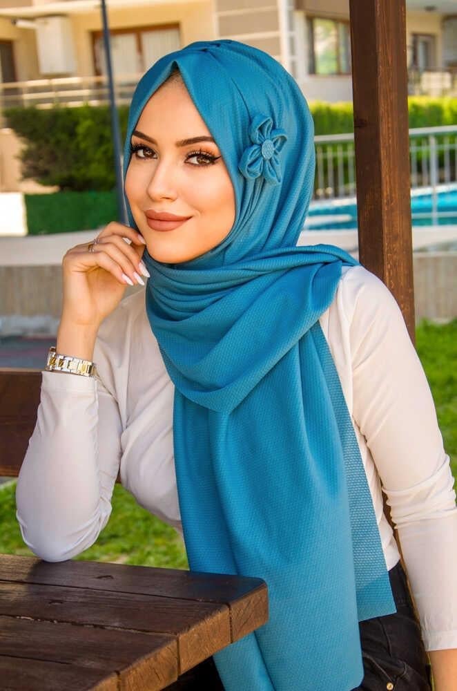 İndigo Çiçekli Pratik Şal