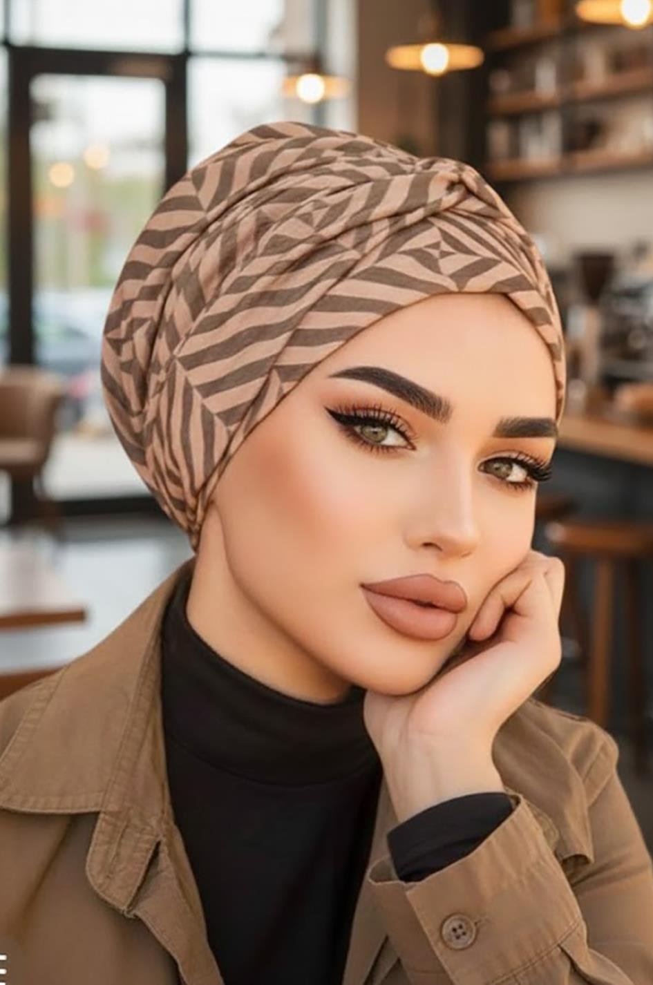 Kahve Bej Geometrik Desen Burgu Detaylı Bone