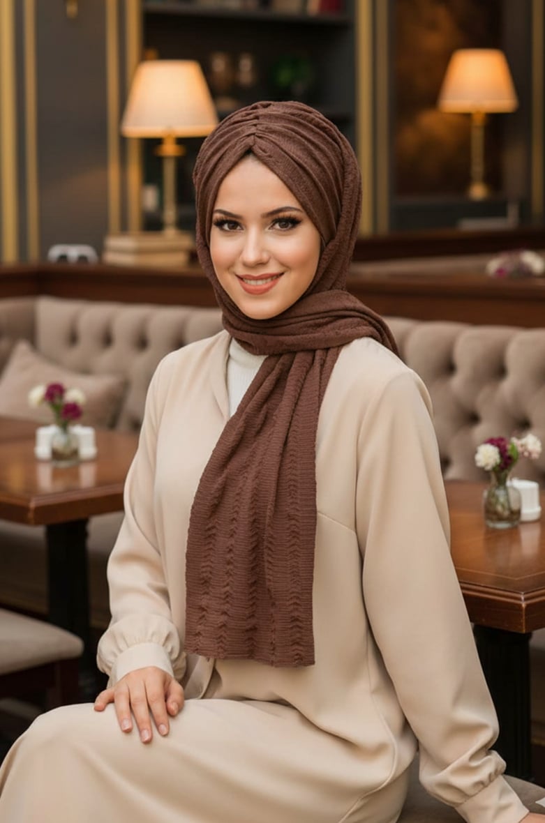 Kahve Kelebek Model Büzgülü Bone Şal