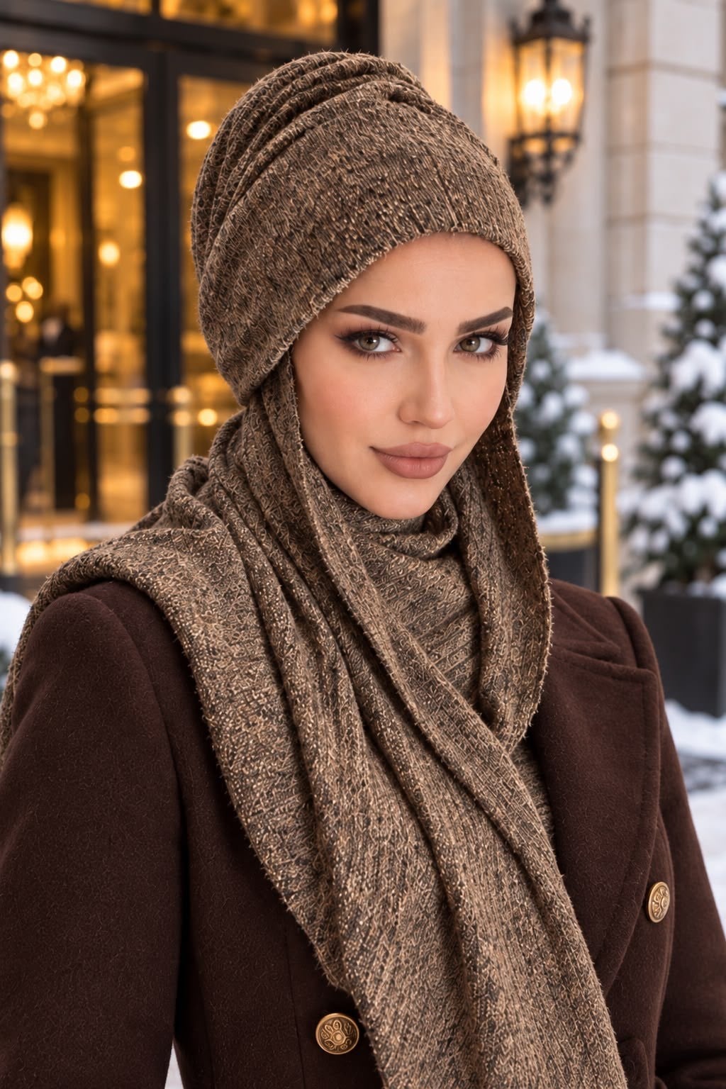 Kahverengi Kalın Selanik Triko Örme Kelebek Bone Şal