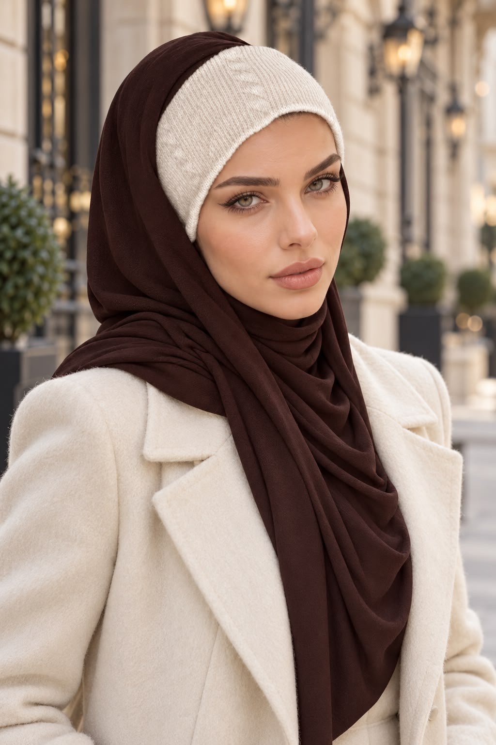 Kahverengi Krem Triko Bağcıksız Bandana Hazır Şal