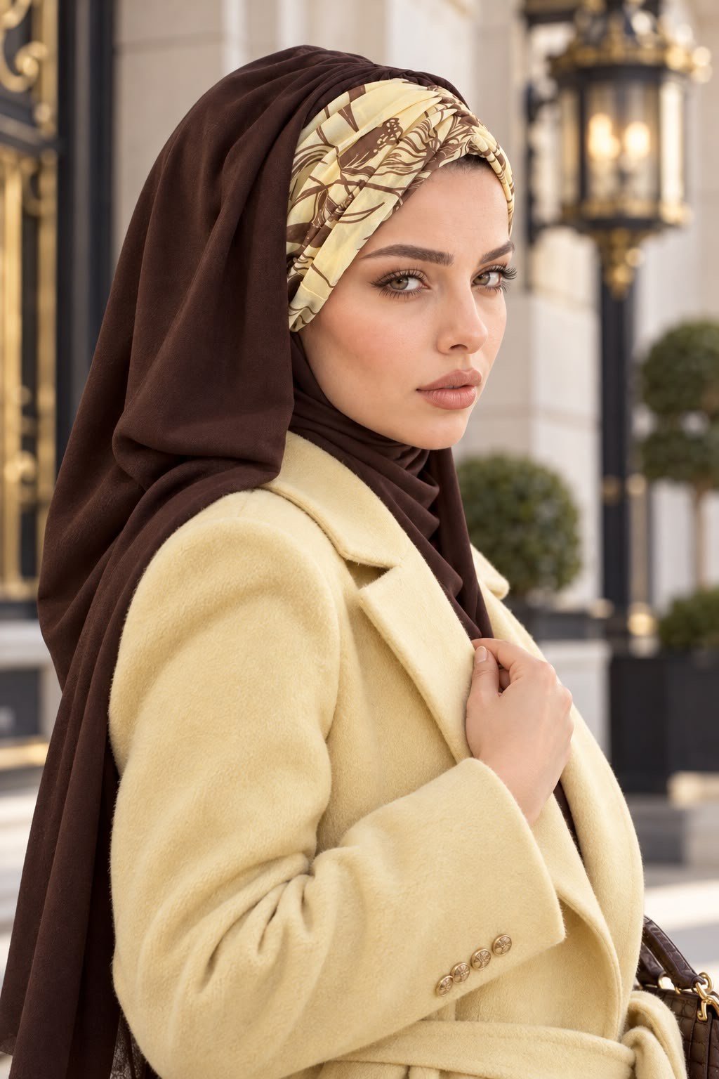 Kahverengi Tereyağ Sarısı Hazır Bandana Şal 
