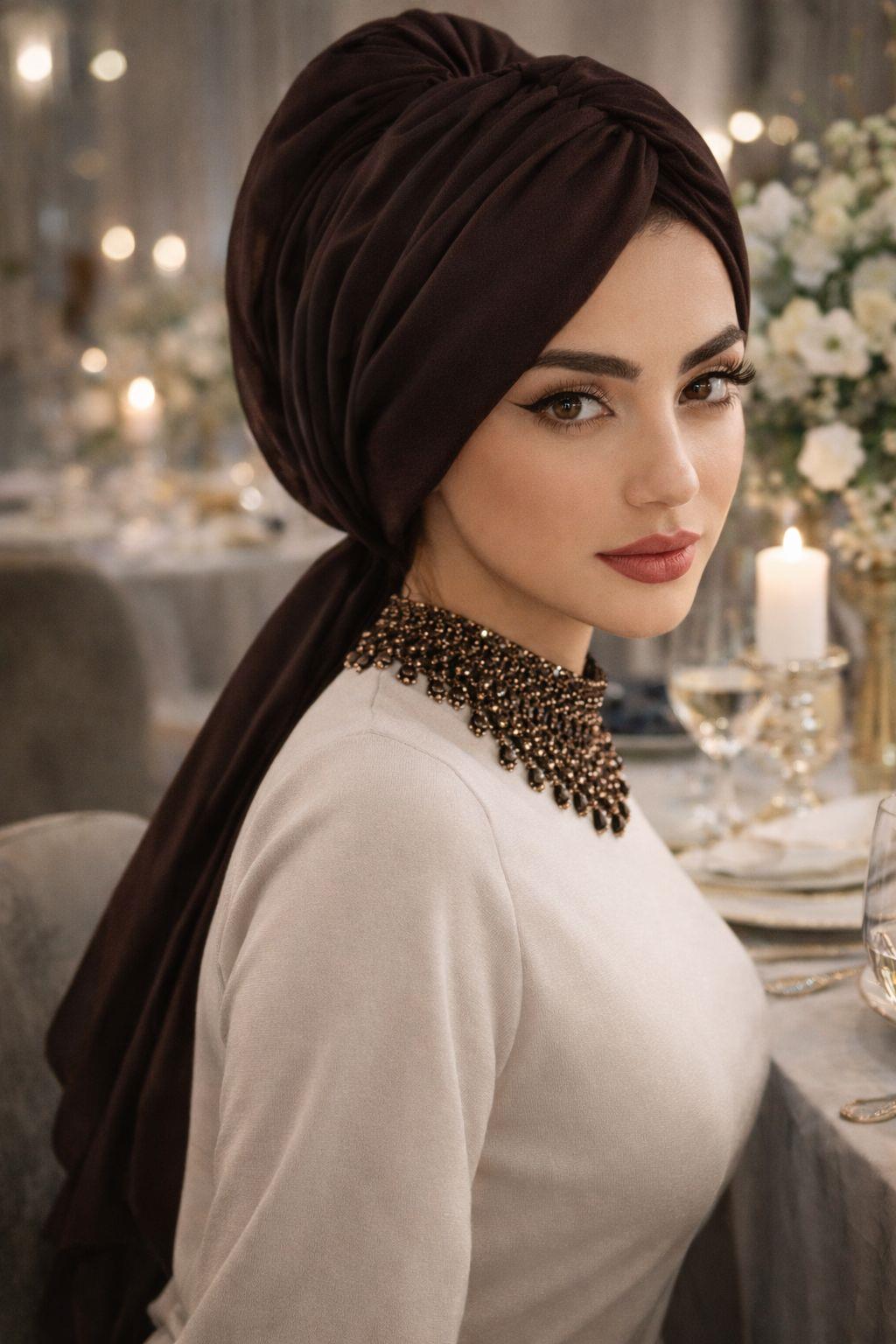 Kahverengi Tokalı Abiye Bone Şal / Hazır Duvak