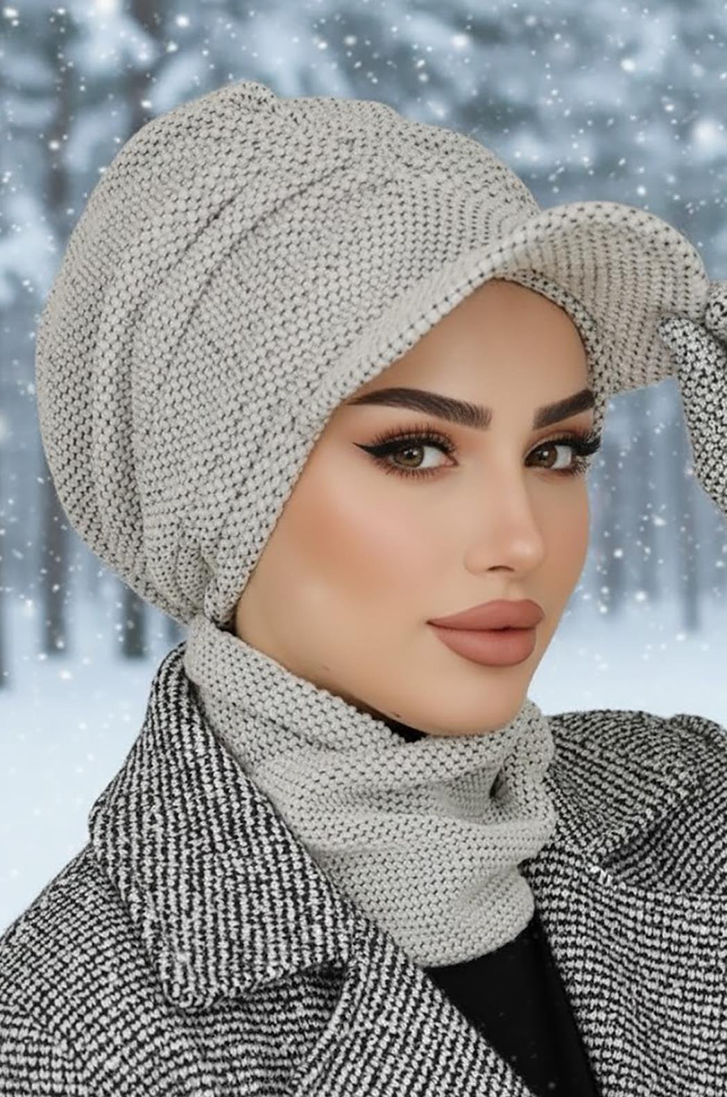 Kırık Beyaz Petek Desen Tesettür Şapka ve Etol Takım