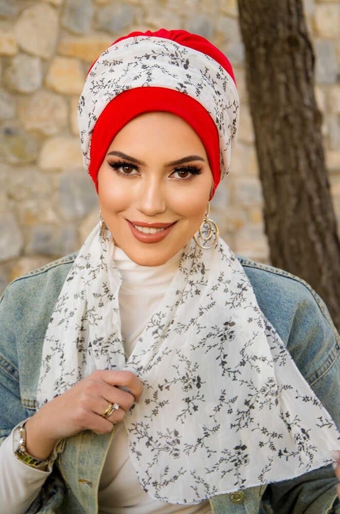 Kırmızı Beyaz Çiçek Desen Fularlı Bone