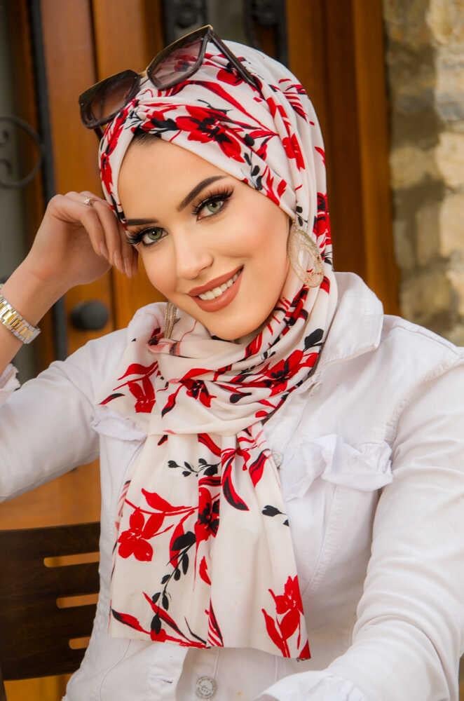 Kırmızı Beyaz Çiçek Desen Kelebek Bone Şal