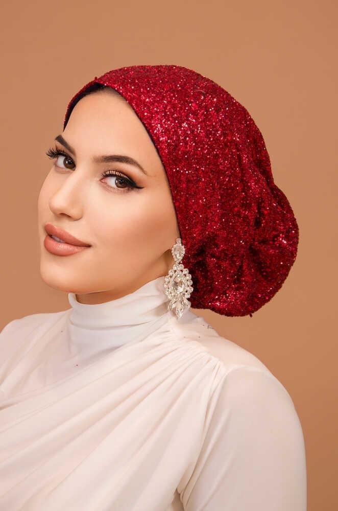 Kırmızı Simli Çağla Abiye Hazır Türban Bone