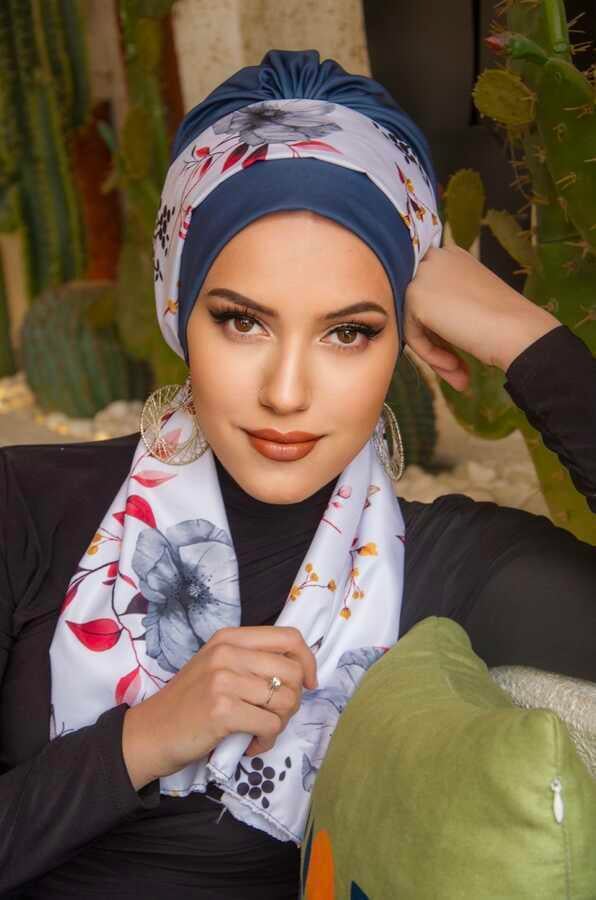 Koyu İndigo Çiçek Desen Fularlı Bone